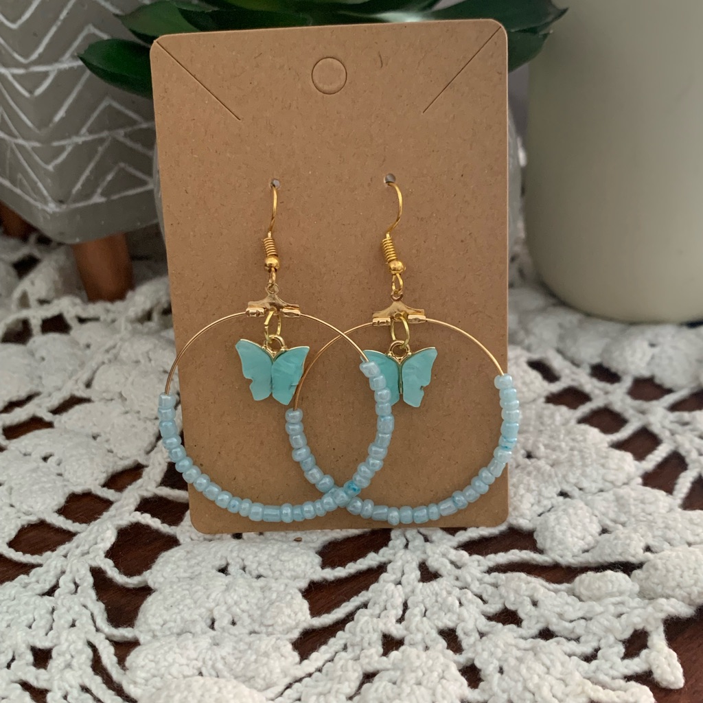 3 For 20 Blue Beaded Butterfly Hoop Earrings 10$